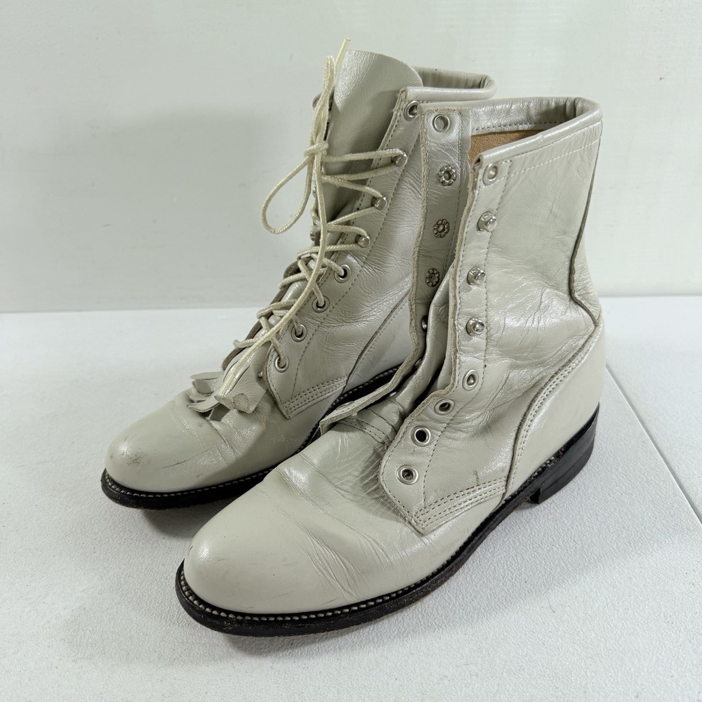 Justin Kiltie Roper‎ White Leather Boots Women's Size 5 B READ DESCRIPTION